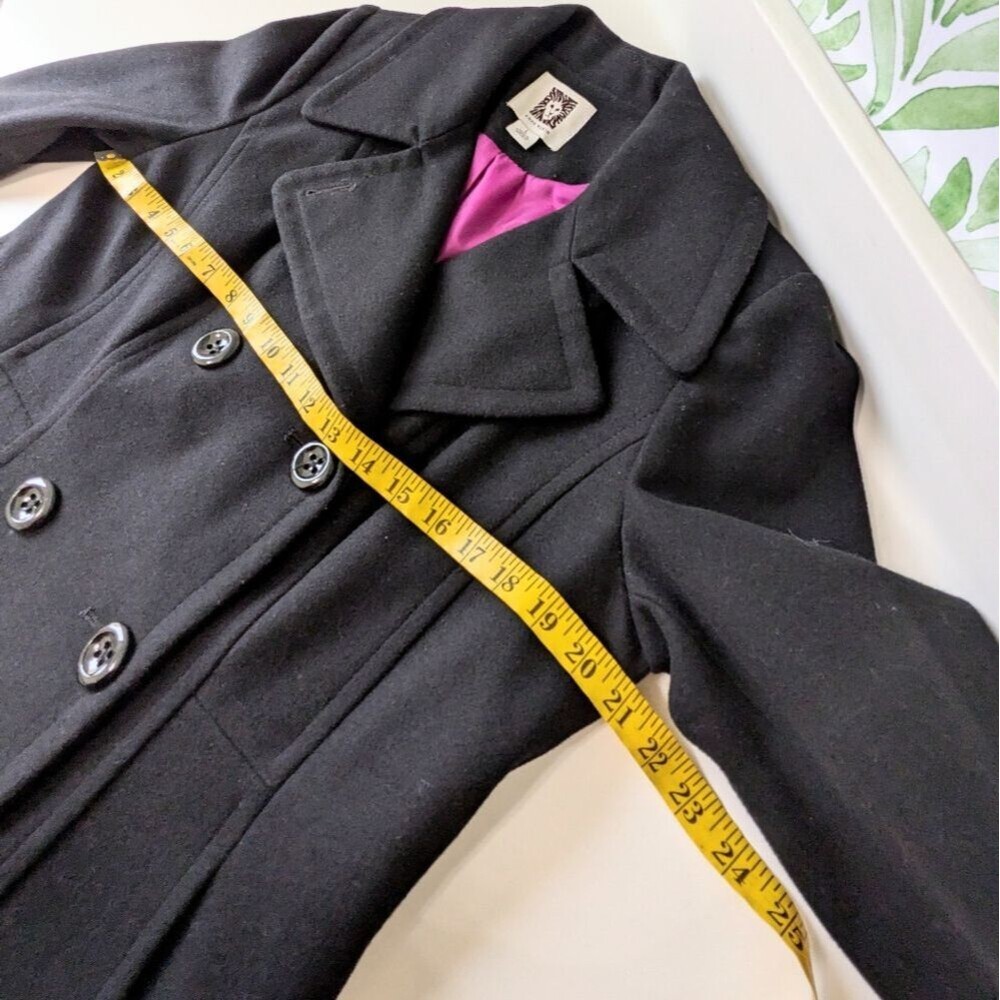 Black Anne Klein Double Breasted Wool Coat Large Winter Peacoat Classic Preppy - Picture 6 of 8